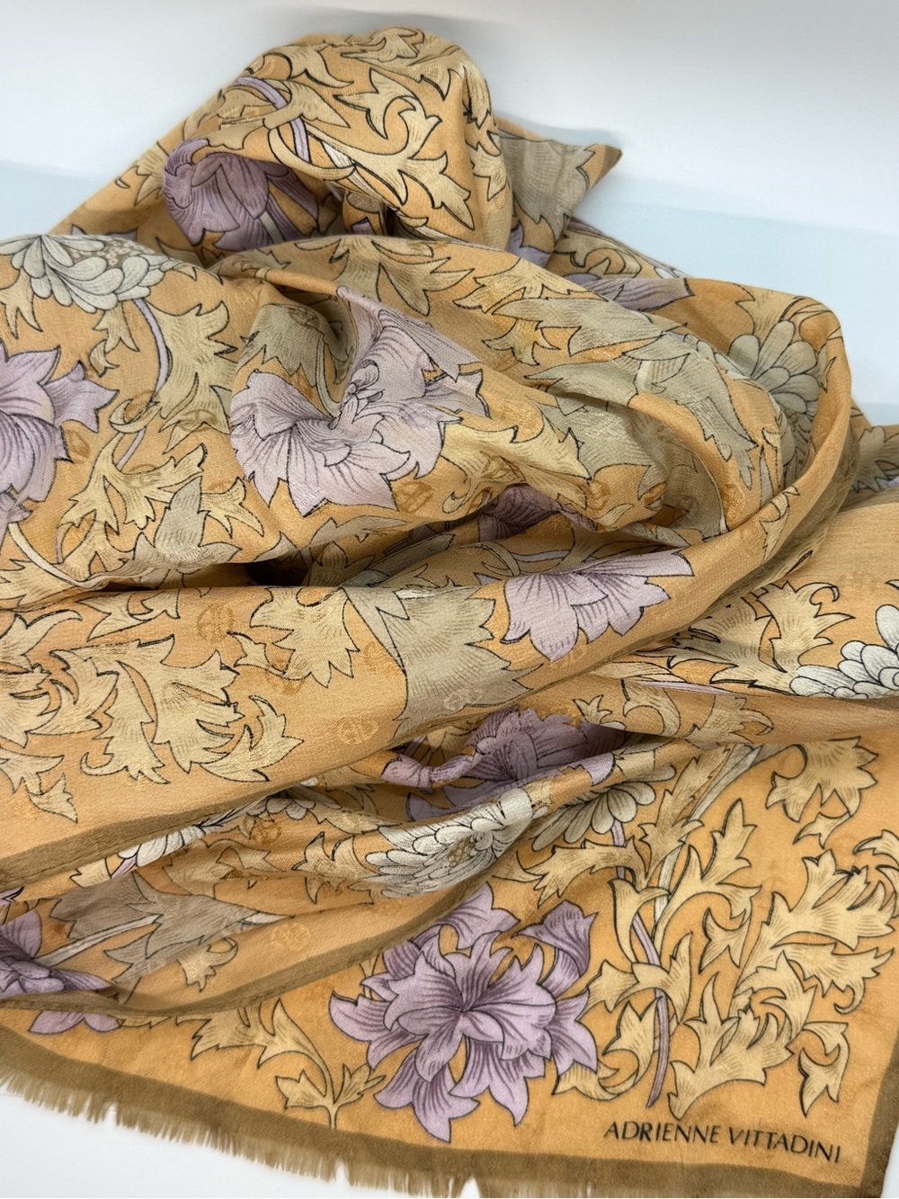 Adrienne Vittadini 100% Silk Scarf Long William Morris Style Chrysanthemum Gold
